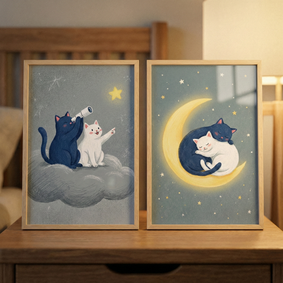 Two light-wood frames hold whimsical illustrations of a dark blue cat and a white cat. In the left frame, the pair sits on a grey cloud; the dark cat looks through a telescope at a large yellow star while the white cat points at it. In the right frame, the cats are curled up and sleeping together on a glowing crescent moon surrounded by small stars. The frames sit on a wooden surface in a softly lit bedroom, with a blurred bed frame and lamp in the background.