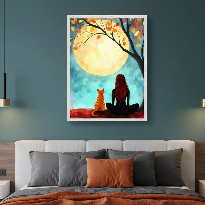 Modern bedroom with a white headboard bed. A large framed painting hangs above the bed, showing a person with long red hair and an orange cat sitting under a tree with autumn leaves, gazing at a large full moon in a blue, textured sky.