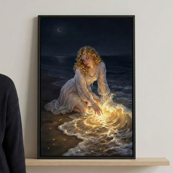 An ethereal digital illustration of a young woman with long, curly blonde hair kneeling on a dark beach at night. She gently touches the edge of the water, which responds by swirling into a brilliant, golden pool of light. This magical glow illuminates her white, flowing, ruffled dress and the surrounding sand. In the dark sky above, a thin crescent moon and faint stars are visible against the deep blue night. The artwork captures a moment of quiet magic on the shoreline.