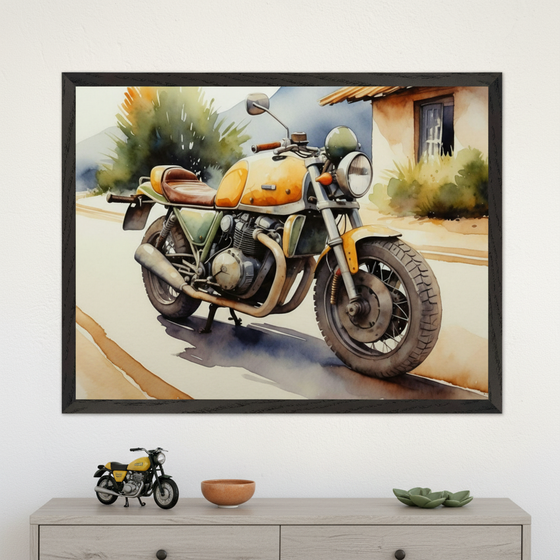 Modern room with a light wood dresser. Centered above it, a large framed watercolor painting depicts an orange and green vintage motorcycle on a road, with a house and trees. A toy motorcycle, terracotta bowl, and green dish are on the dresser.