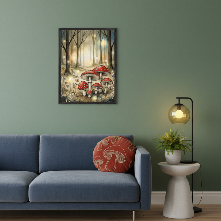 Modern living room with a blue velvet sofa. A framed watercolor painting of a whimsical forest with red and white spotted mushrooms, glowing lights, and bare trees hangs above the sofa.
