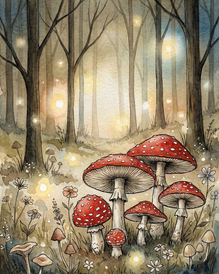 A dreamy watercolor scene depicting vibrant red and white mushrooms in a magical forest, surrounded by soft light and delicate flowers, evoking a peaceful and enchanting woodland atmosphere.