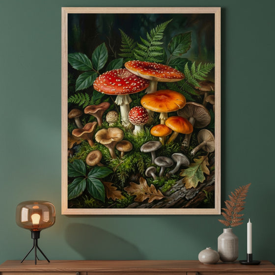 Modern living room with a dark green wall and a wooden console table. A vertical framed botanical painting of red, orange, and brown mushrooms, ferns, and moss on a forest floor hangs centered above the table.