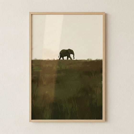A minimalist digital illustration featuring a dark silhouette of an elephant walking across a distant horizon line. The sky above is a flat, pale off-white, creating a stark contrast.