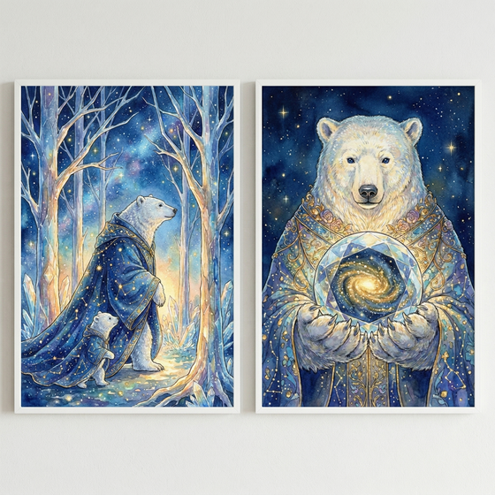 Two side-by-side vertical illustrations featuring celestial polar bears. On the left, a large polar bear and its cub, both wearing dark blue cloaks adorned with gold stars and constellations, walk through a forest of glowing, crystalline trees beneath a starry night sky. On the right, a detailed portrait of a polar bear in an ornate, star-patterned blue and gold cloak holds a large, multifaceted crystal. Inside the crystal, a golden spiral galaxy swirls against a cosmic background.