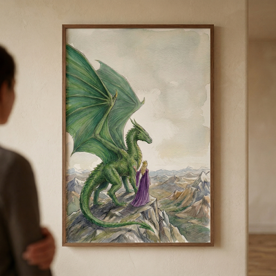 A watercolor fantasy illustration depicts a large green dragon and a person in a long purple robe standing on a jagged mountain peak. The dragon has expansive green wings and scaly skin, looking out toward a range of distant, snow-capped mountains. Beside it, the smaller figure is seen from behind, wearing a floor-length purple gown and a golden crown. The scene is rendered with soft colors and delicate textures. The work is showcased in a simple brown wooden frame, hung on a light-colored wall.