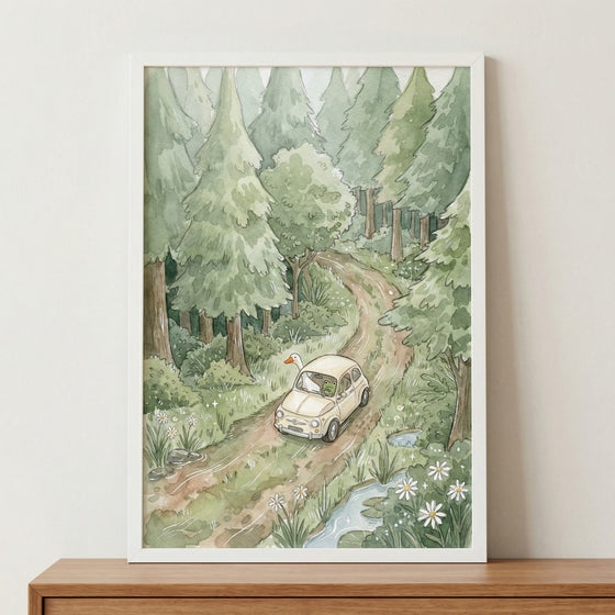 This vertical framed illustration depicts a whimsical woodland scene in soft, muted tones. A small, vintage-style cream-colored car travels down a winding dirt road that cuts through a dense forest of tall, stylized evergreen trees.