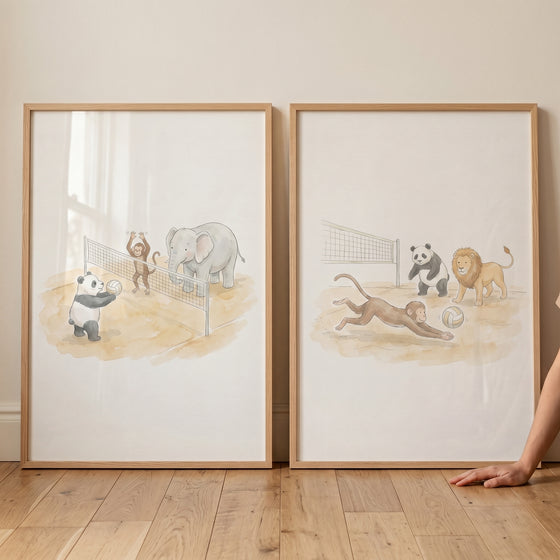 Neutral volleyball safari animals wall art set of 2 with watercolor panda, monkey, lion, and elephant on beach courts.