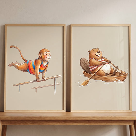 Neutral watercolor sports animal wall art set of 2 featuring a monkey gymnast and a beaver rowing a wooden boat.