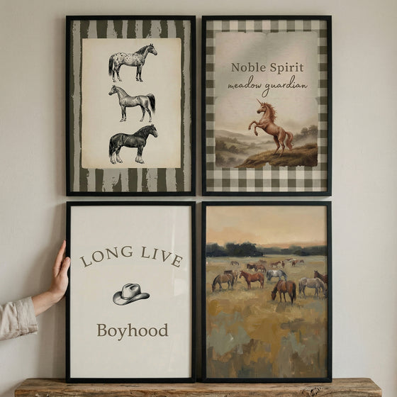 Neutral western horse wall art set of 4 featuring vintage-style horse illustrations and a cowboy hat in black frames.