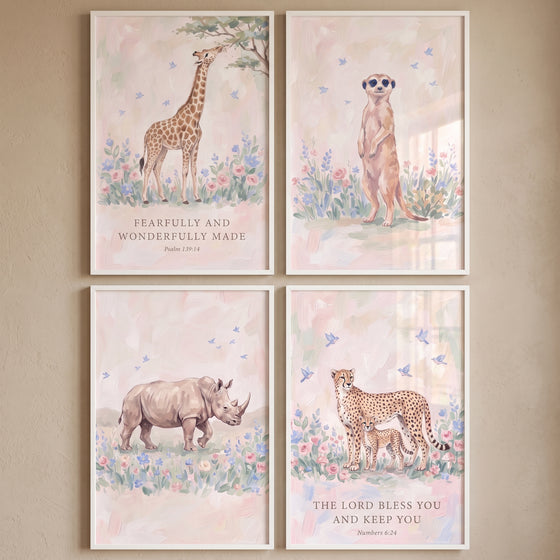 Neutral wildflower safari animals wall art set of 4 featuring a giraffe, meerkat, rhino, and cheetahs with Bible verses.