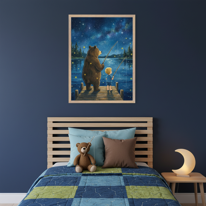Kid's bedroom with a wooden slatted headboard bed and a small nightstand. A large framed print of a bear and a boy fishing from a dock under a starry, firefly-lit sky in an illustrative style hangs centrally above the bed. A teddy bear sits on the bed, and a crescent moon lamp is on the nightstand.