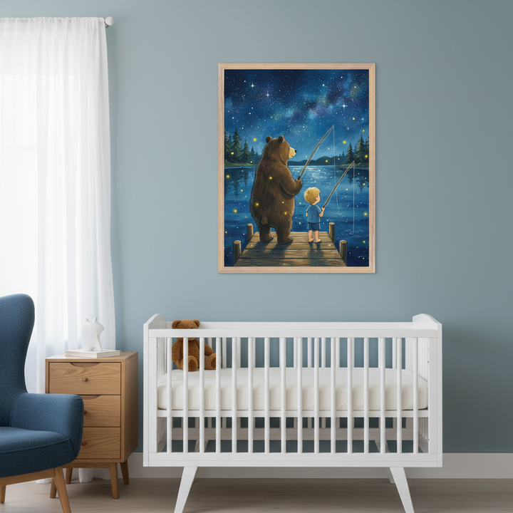 Modern nursery with a white crib, blue armchair, and wooden nightstand. A large framed illustration of a brown bear and a blonde boy fishing on a pier under a starry night sky hangs on the light blue wall, above and to the right of the crib.