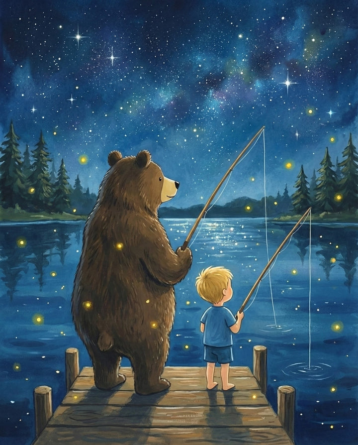 A serene illustration of a bear and a boy standing side by side on a wooden dock fishing under a star-filled sky with glowing fireflies and a calm lake capturing a deep quiet connection of bear friendship and love under the stars