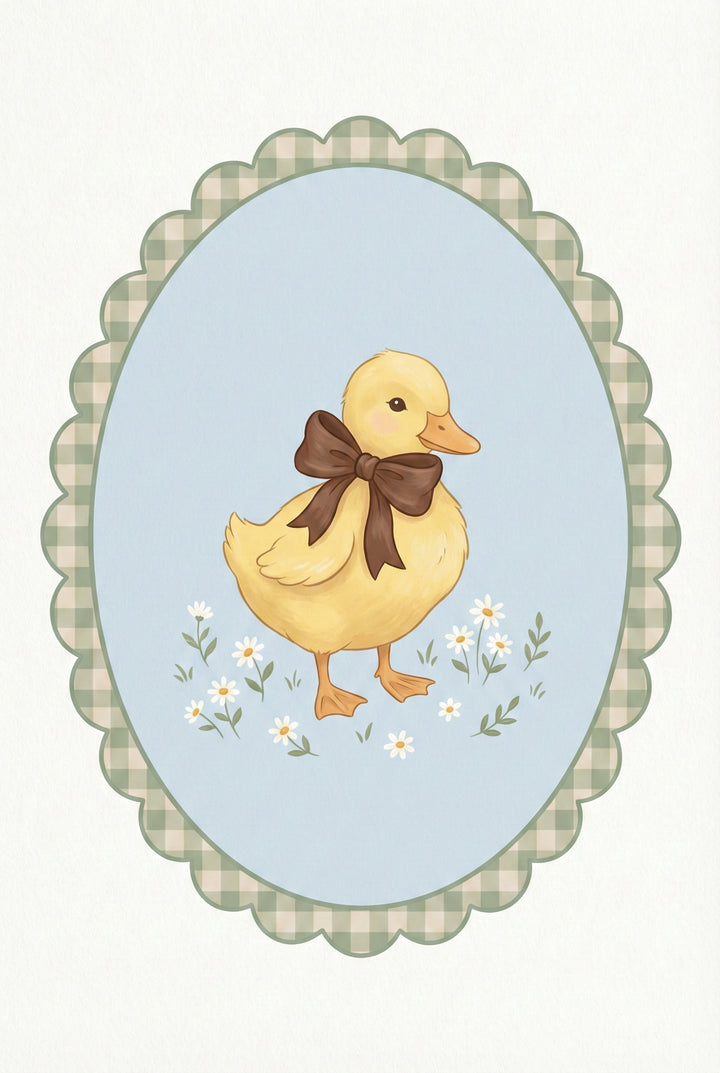 Vintage style oval framed illustration of a duckling with a brown bow standing among small white flowers. The scalloped border features a soft green gingham pattern around a pale blue background.