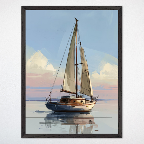Classic sailboat resting quietly on calm waters at sunset, with gentle pastel colors in the sky reflecting on the water. The soft colors and tranquil scene evoke a sense of peace and solitude.