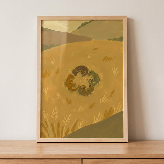 Four baby dinosaurs sleep in a circle on this ochre field baby t-rex wall art.