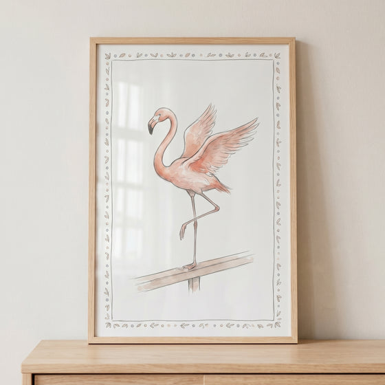 Open wing pink flamingo wall art in a light wood frame shows a bird with spread wings standing on a railing.