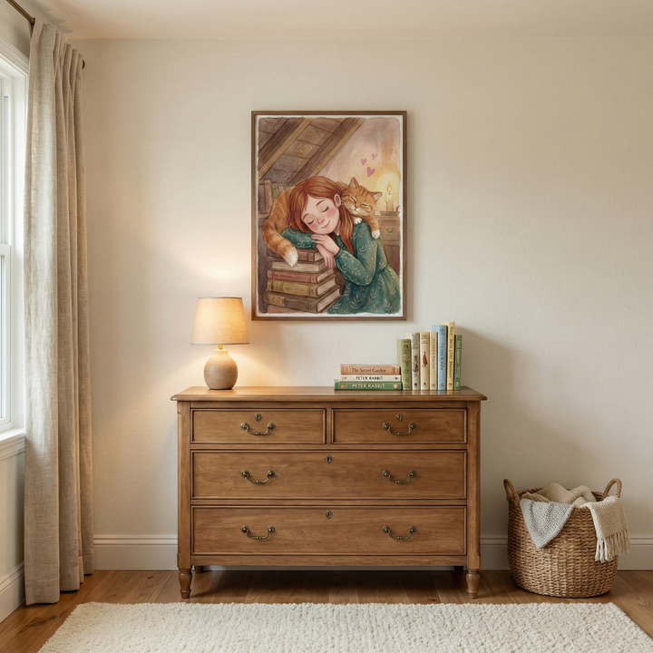 A cozy room features a wooden chest of drawers topped with a small lamp and a stack of hardcover books. Above it hangs a framed illustration of a red-haired girl in a green dress sleeping on a pile of books, with an orange tabby cat resting on her shoulders. A woven basket with a blanket sits on the floor near a plush white rug. Long curtains hang by a window, filling the space with soft light. The setting feels quiet and peaceful.