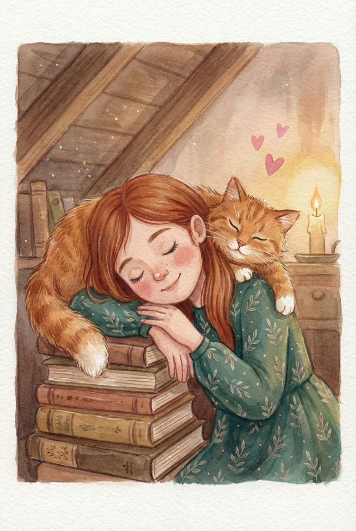 A girl rests her head on a stack of vintage books with a cat draped across her shoulders, both asleep. A glowing candle in the background adds to the cozy, dreamlike atmosphere.