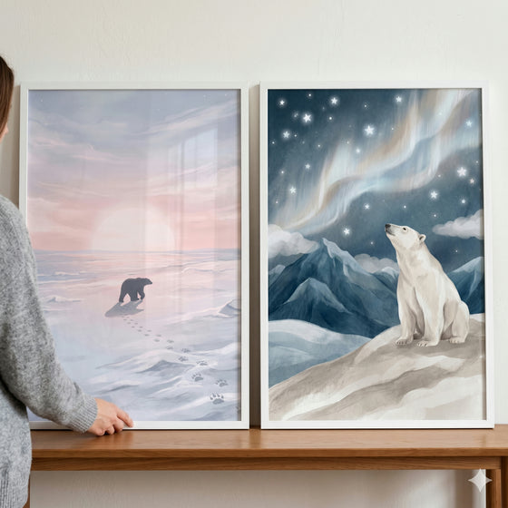 Painterly arctic polar bear wall art set of 2 featuring bears in snowy landscapes with a sunset and northern lights.