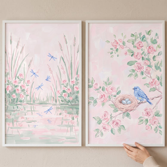 Painterly blush floral garden wall art set of 2 featuring pink roses, blue dragonflies, and a blue bird with eggs.