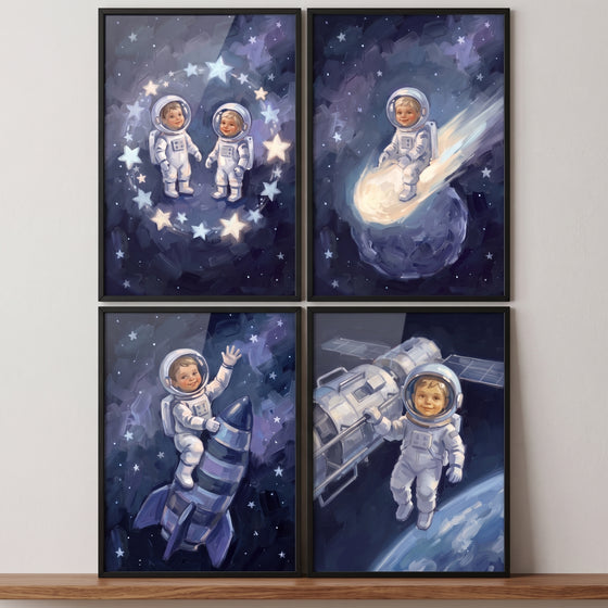 Painterly style little astronaut wall art set of 4 featuring children in space suits with rockets, comets, and stars.