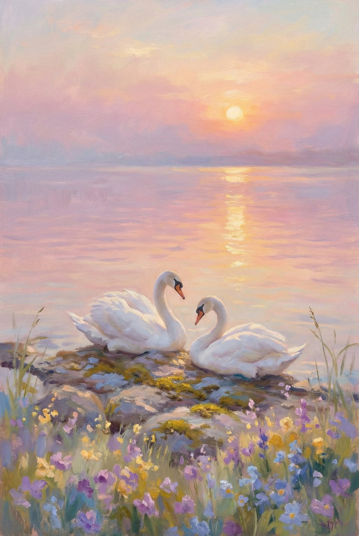 Two white swans rest together on a moss covered rock surrounded by pastel wildflowers beside a glowing sunset lake. The warm pink and gold sky reflects on the water, highlighting the peaceful romantic mood.