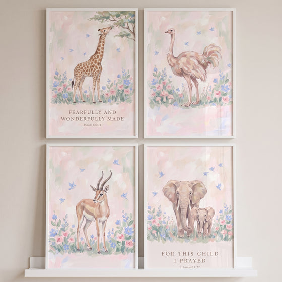 Pale rose safari animals wall art set of 4 featuring a giraffe, ostrich, gazelle, and elephants with biblical verses.