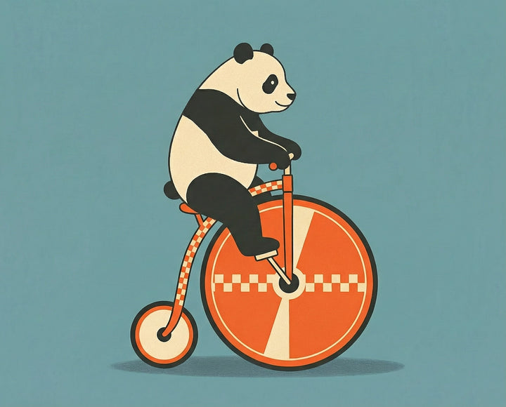 A cartoon panda rides an old-fashioned penny-farthing bicycle with an oversized orange front wheel decorated with a white checkered stripe, combining classic design with playful character appeal for all ages.
