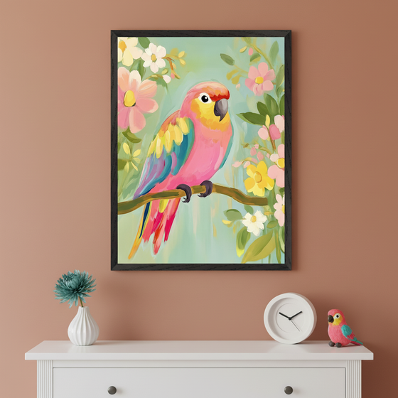 Contemporary room with a white dresser against a terracotta wall. A large framed painting of a vibrant pink, yellow, and blue parrot on a branch with colorful flowers hangs centered above the dresser. A white vase with a blue flower, a white clock, and a small parrot figurine sit on the dresser.