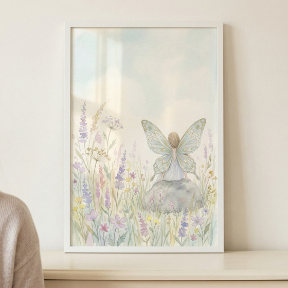 A soft and whimsical watercolor-style illustration of a fairy is presented in a simple white frame. The central figure is a small, delicate fairy with large, translucent wings decorated with subtle patterns, similar to those of a butterfly. She is shown from behind, sitting peacefully on a large, smooth grey stone.