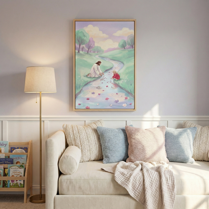 A framed watercolor illustration hanging in a cozy living room depicts Jesus Christ and a young girl in a red dress sitting on the grassy bank of a winding stream. They are gently placing colorful flower petals into the water. The art is rendered in soft pastel colors with rolling hills and trees in the background. The framed piece hangs on a light-colored wall above a cream-colored sofa adorned with textured pillows and a soft throw blanket.