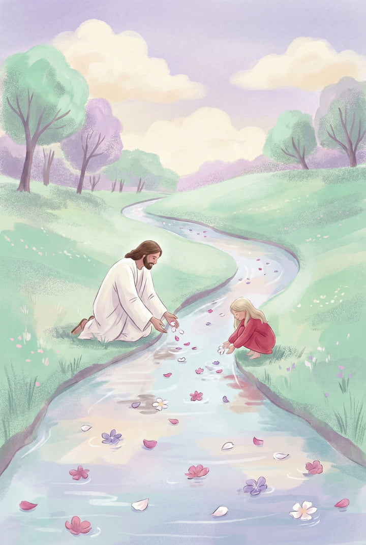 Soft pastel illustration of Jesus kneeling beside a small child at a winding stream in a peaceful green landscape. They gently place colorful flower petals into the water, symbolizing guidance, faith, and quiet connection in a serene countryside setting.