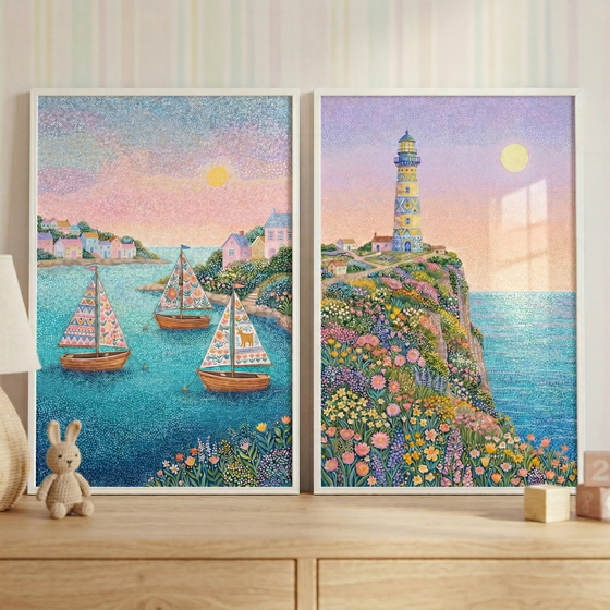 A pair of vertical rectangular artworks is displayed side-by-side on a light-colored wooden surface. Both pieces feature a textured, mosaic-like style composed of numerous small dots of color to create a serene coastal theme.
The artwork on the left depicts a calm turquoise bay with three small sailboats. Each boat features unique, intricate patterns on its sails in shades of pink, orange, and blue. In the background, a cluster of pastel-colored houses sits nestled on a green hillside.