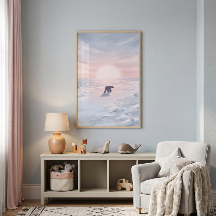 Cozy nursery with pastel sunset polar bear wall art above a shelf with animal figures, a lamp, and a grey armchair.