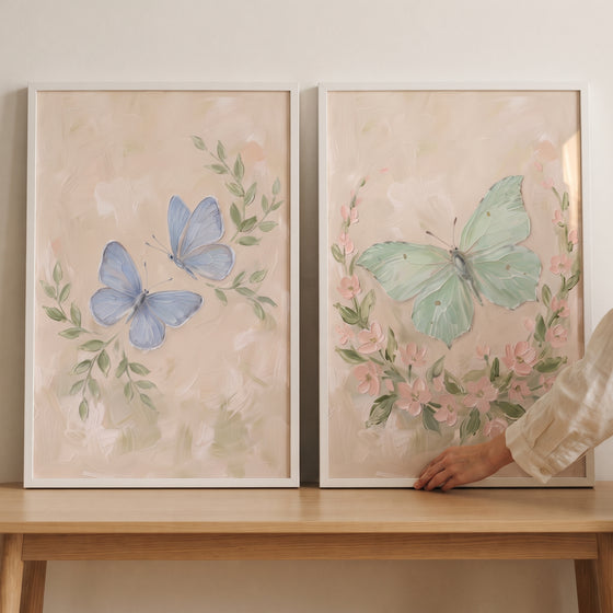 Pastel Textured Impasto Style Butterfly Wall Art Set of 2 - Soft Garden Flutter
