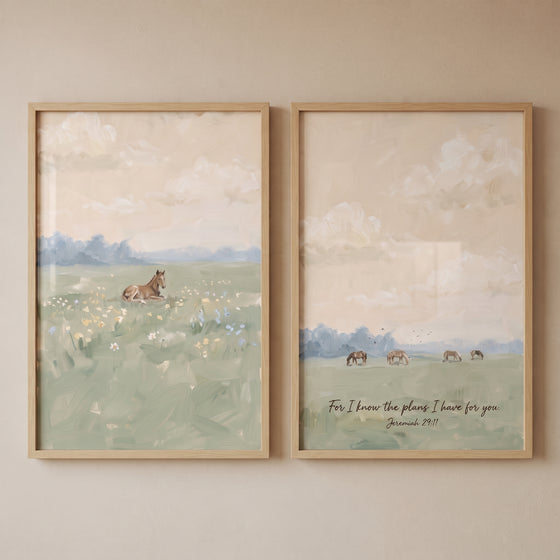 Pastoral landscape impressionist horse wall art set of 2 depicts horses in soft green fields with a biblical verse.