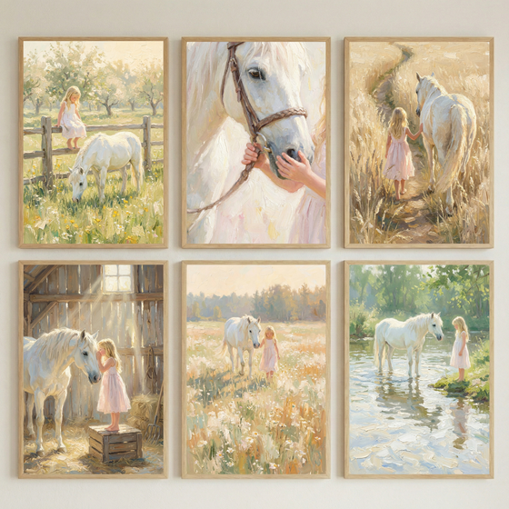 Six soft pastel style paintings arranged in a grid show a young blonde girl in a pink dress interacting with a white horse in peaceful countryside scenes including a meadow fence a wheat path a sunlit barn a flower field and a shallow stream. The scenes show the girl feeding petting walking beside and quietly standing with the horse in warm golden natural light.