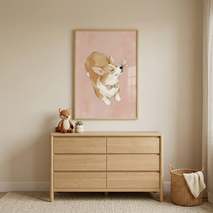 A minimalist nursery scene features a light wood six-drawer dresser centered against a neutral beige wall. Above the dresser hangs a light wood frame showcasing a whimsical illustration of a small brown and white dog wearing a patterned bow tie, looking up at a butterfly against a soft pink background. On the dresser's top surface sit a small plush fox toy and a tiny potted succulent.