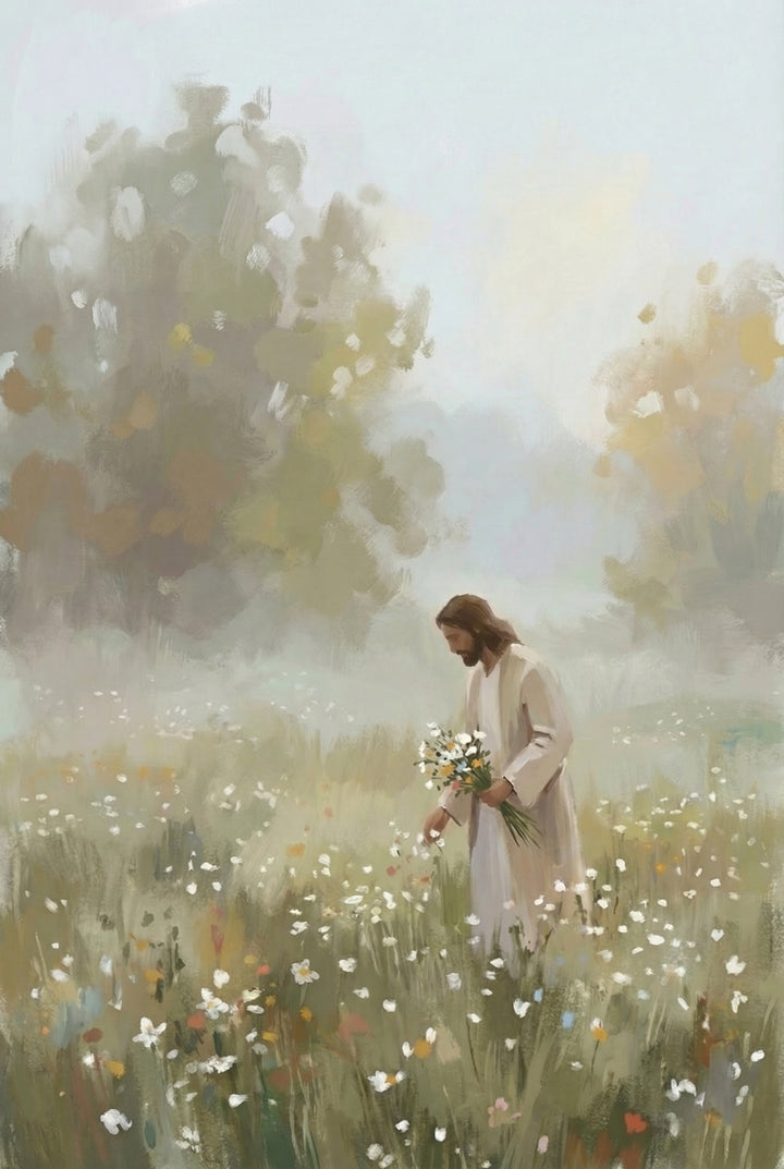 A bearded man in a light robe stands in a soft misty meadow filled with small white wildflowers while holding a bouquet in one hand and reaching down toward the blooms with the other. Blurred trees and pale sky behind him give the painting a quiet gentle feel.