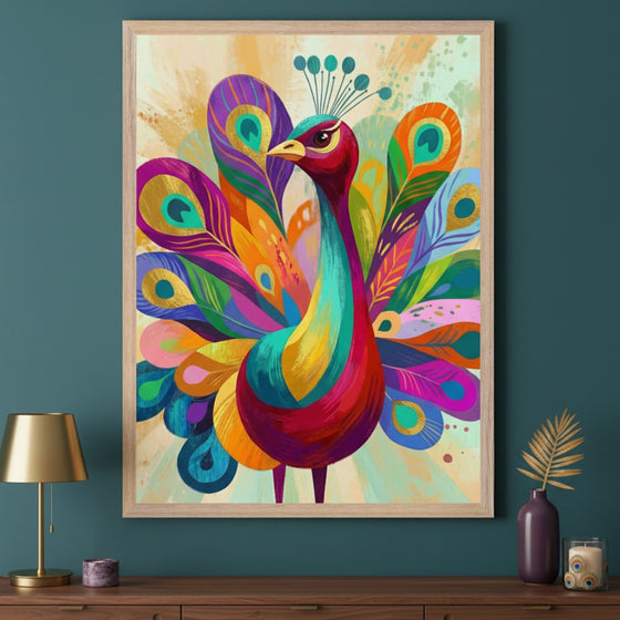 Modern living room with a deep teal wall and a wooden dresser. A large framed print of a vibrant, stylized peacock with a fanned tail, in a colorful modern art style, hangs centered above the dresser. A gold lamp and decor are on the dresser.