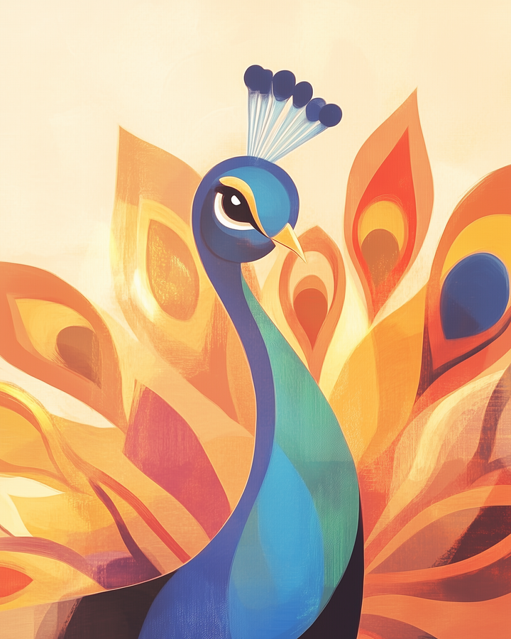 A stylized illustration of a peacock with a vibrant blue head and neck, featuring a striking eye and a golden beak. Its tail feathers fan out in warm shades of orange, yellow, and red, creating a vivid and artistic display.