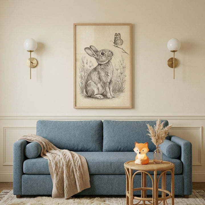 Framed pencil illustration of a rabbit sitting in grass looking up at a butterfly hangs above a blue sofa. A soft throw blanket, glowing fox lamp, and small side table create a calm and cozy living space with a gentle nature inspired feel.