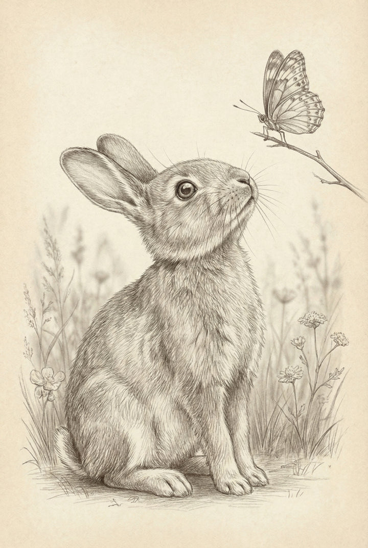 A detailed pencil sketch of a small rabbit sitting and looking up with curiosity at a butterfly perched on a thin twig. The butterfly has intricate patterns on its wings. The background features light sketches of tall grass and delicate wildflowers. The entire drawing is rendered in fine lines on aged, cream-colored paper, creating a gentle and naturalistic scene.