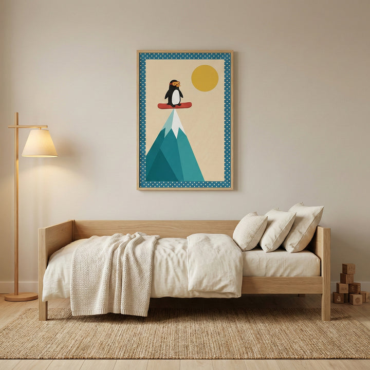 A cozy, minimalist room features a light wood daybed dressed in ivory bedding and soft pillows. To the left stands a wooden floor lamp with a cream-colored shade. Centered on the wall above the bed is a framed illustration of a cartoon penguin standing on a red board at the summit of a geometric teal mountain peak. The artwork includes a large yellow sun against a cream background, all framed by a blue polka-dotted border. The room is completed by a textured tan rug on the floor and a small stack of wooden