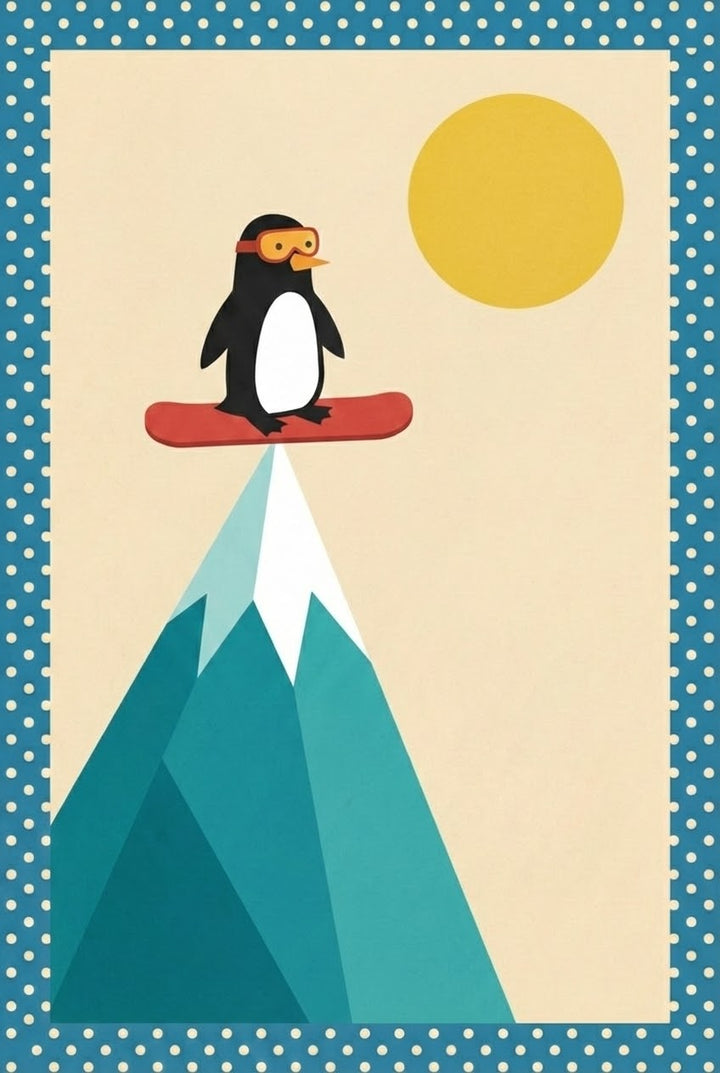 A cartoon penguin in orange goggles balances on a red snowboard atop a sharp icy mountain peak with a golden sun in the background and polka-dot border.