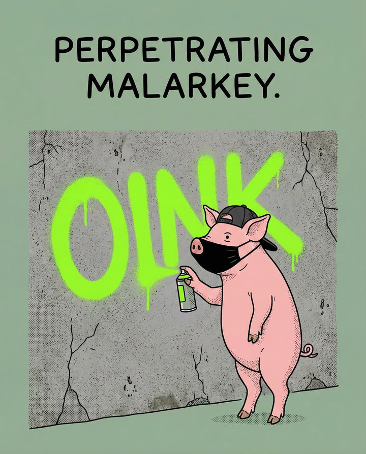 A pink pig in a backwards cap and face mask spray-paints the word “OINK” in neon green on a cracked wall under the caption “Perpetrating malarkey.” The scene parodies rebellious street art with a comical farm twist.