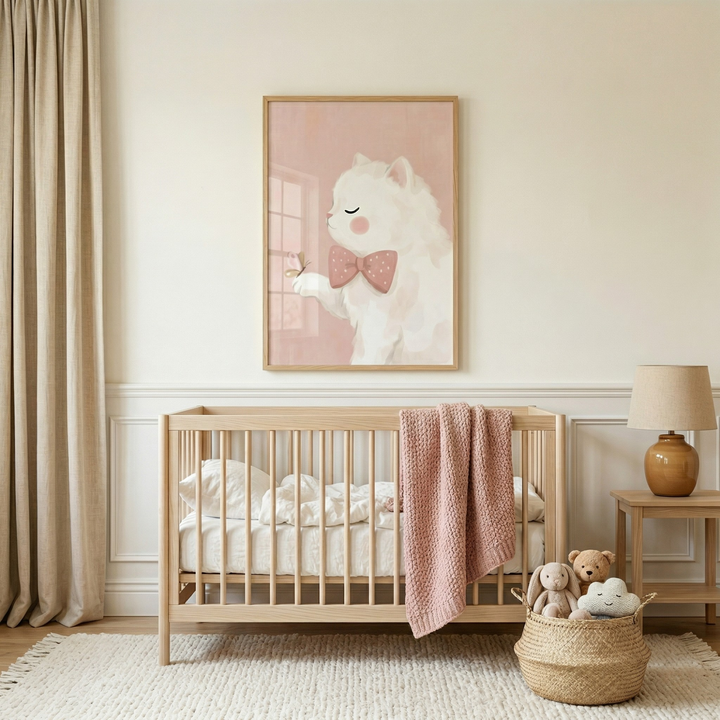 A serene nursery with a light-colored wooden crib set against a neutral wall. A soft pink textured blanket is draped over the crib's railing. Above the crib hangs a framed illustration of a gentle, fluffy white creature wearing a pink polka-dot bow tie. To the right of the crib, a small wooden side table supports a lamp with a rounded brown base. Beside the table, a woven basket is filled with soft plush toys, including a bear, a bunny, and a cloud.