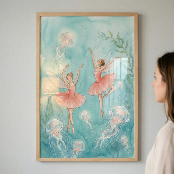 An eye-level medium shot shows a wooden framed piece of art hanging on a plain, light-colored wall. A person with long brown hair stands to the right, looking at the artwork. The art depicts a whimsical underwater scene with a soft blue and green watercolor-style background. Two female figures with delicate wings and pink ballet tutus appear to be floating or dancing gracefully through the water.